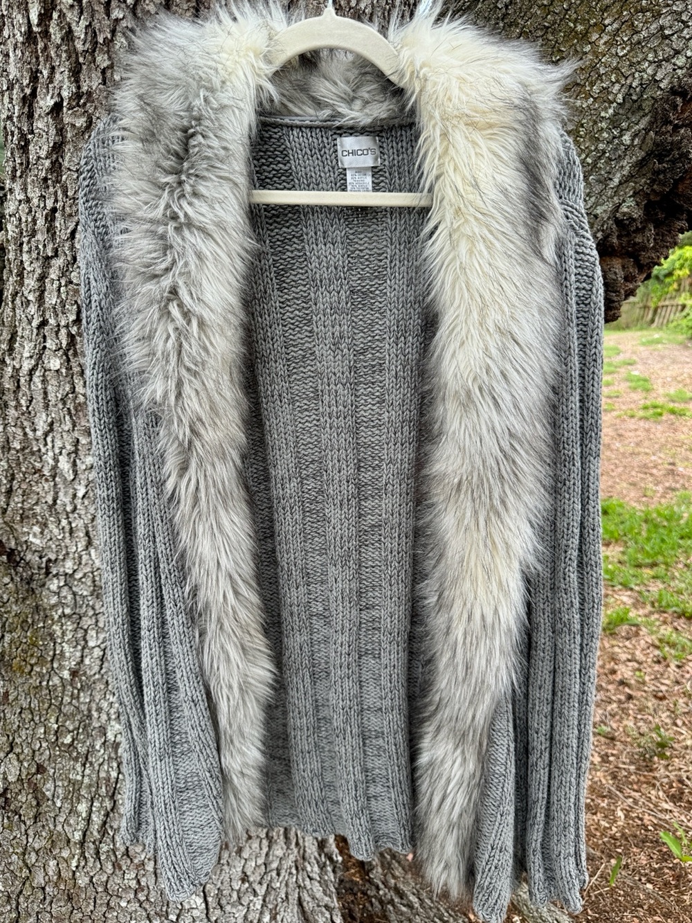 Chico's Penny Lane Longline Gray Ribbed Cardigan with Faux Fur Shawl Collar.16